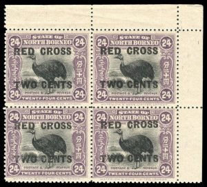 North Borneo 1918 24c+2c mauve RED CROSS issue in a block of four MNH. SG 226.