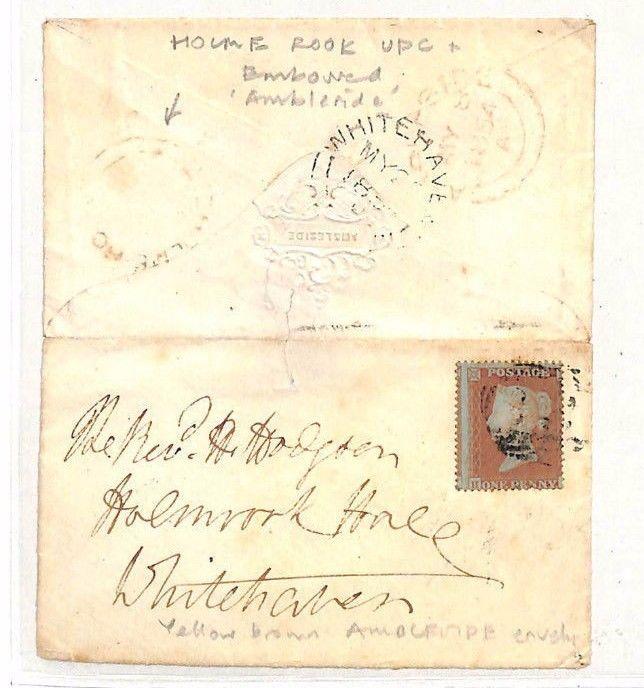 DD11 1854 GB CUMBS Receiver 'HOLME ROOK' UDC Ambleside Embossed Envelope SG.18