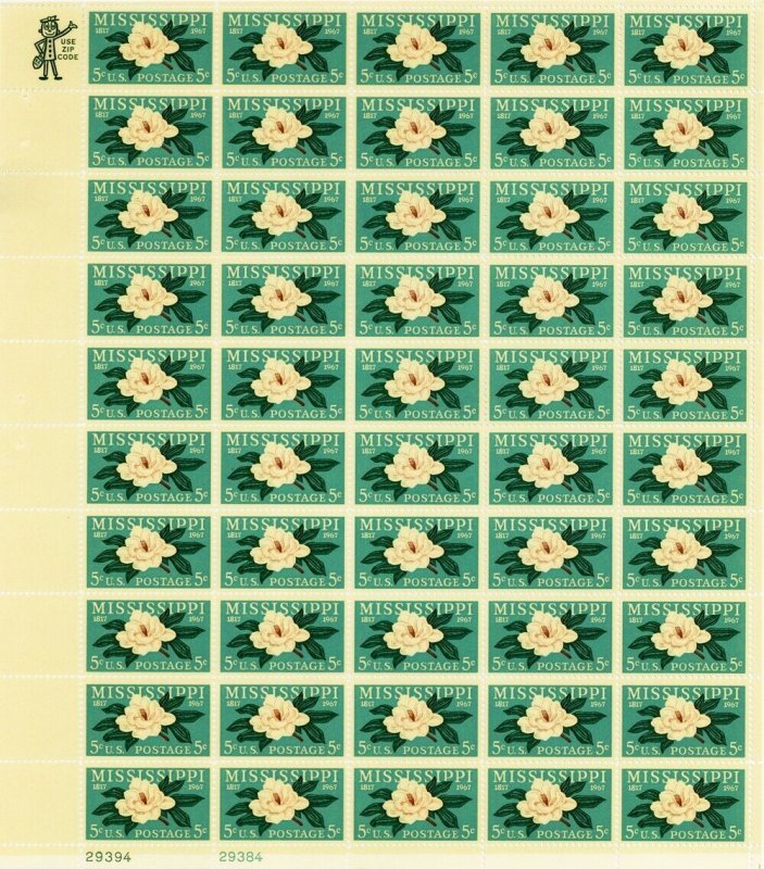 Mississippi Magnolia Complete Sheet of Fifty 5 Cent Postage Stamps Scott 1337