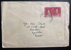 1937 Falkland Island Cover To Brandon Canada King George VI Coronation Stamp