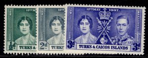 TURKS & CAICOS ISLANDS GVI SG191-193, 1937 CORONATION set, M MINT.