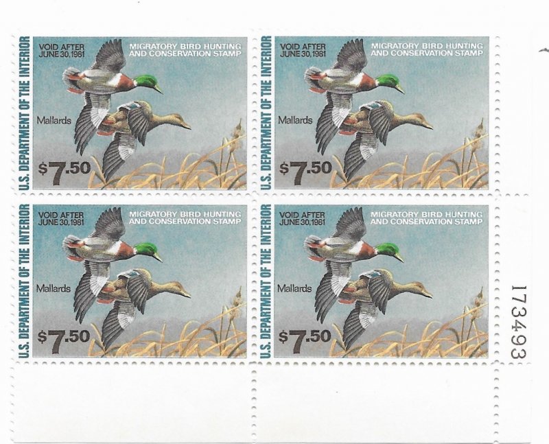 US RW 47 1980  $ 7.50 Federal duck Plate block   VFNH