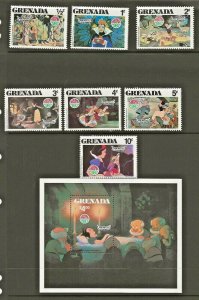 1980-WALT DISNEY-GRENADA CHRISTMAS-SNOW WHITE & 7 DWARFS SOUVENIR SHEET +SET 