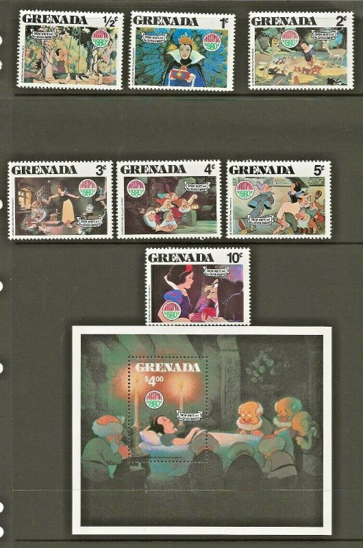 1980-WALT DISNEY-GRENADA CHRISTMAS-SNOW WHITE & 7 DWARFS SOUVENIR SHEET +SET 