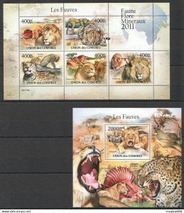 2011 Comoros Fauna Animals Wild Cats Les Fauves Bl+Kb ** Uc225