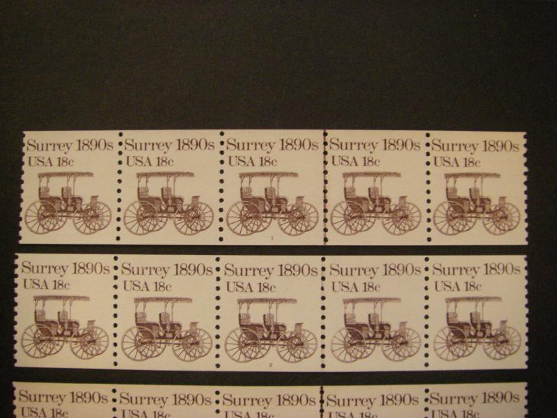 Scott 1907, 18c Surrey, 16 of 18 PNC5 Strips, MNH Transportation Beauties