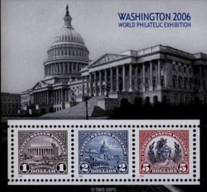 2006 $1, $2 & $5, Washington DC Expo Souvenir Sheet of 3 Scott 4075 Mint F/VF NH