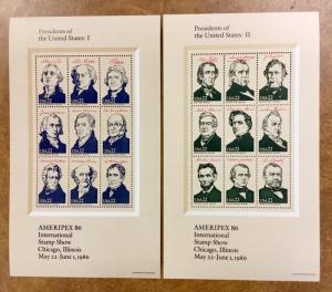 2216-2219 AMERIPEX Set of 4 Presidents sheets   1986  w/ envelope FV $7.92