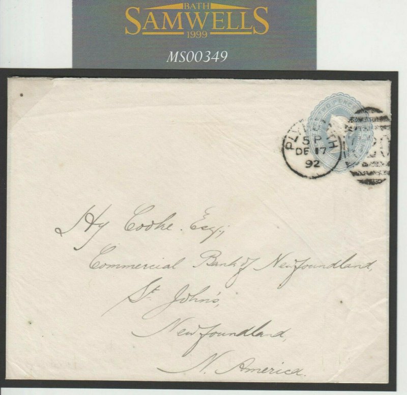 GB TRANSATLANTIC Cover 1892 Newfoundland 2½d Stationery *Plymouth* Devon MS349