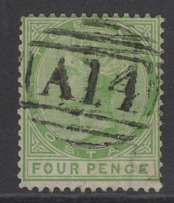 TOBAGO SG10b 1880 4d YELLOW-GREEN MALFORMED CE IN PENCE USED CREASE WITH CERT