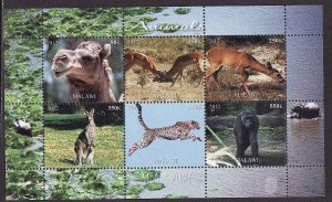 Malawi-unused NH sheet of 6 -Animals-Leopard-Camel-Kangar