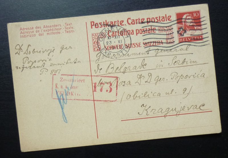 Switzerland 1917 Austria WWI Censored Card to Serbia -  Geneve K und K  A7