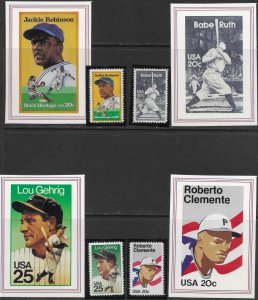 US #2016,2046,2097,2417 MNH Stamps, Baseball Legends Scrap Book & Cards,