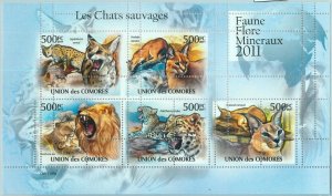A0426- COMORES, ERROR, MISPERF, Miniature sheet: 2011, Wild Cats, Lions, Servals