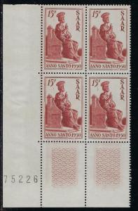 Saar - Scott # 223, mint nh, b/4, plate # + margins in size of stamps