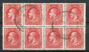 JAMAICA; 1930s early GV portrait issue fine used 1d. BLOCK of 8