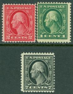 EDW1949SELL : USA 1912-14 Scott #405-07 Mint Never Hinged. PO Fresh. Cat $190.00