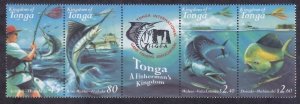 Tonga 1053 MNH 2001 Sport Fishing Strip of 4 w/central Label VF