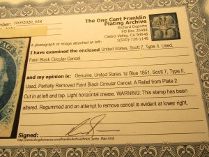 US Stamps, Scott #7, 1c Blue - Type II - Franklin - Used - 1851, A Relief Plate2