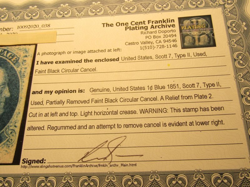 US Stamps, Scott #7, 1c Blue - Type II - Franklin - Used - 1851, A Relief Plate2