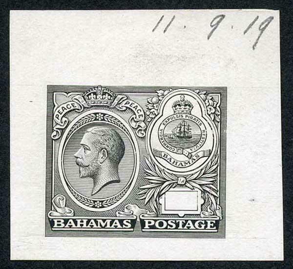 Bahamas 1920 Peace Master Die Proof in grey-black on thin card Ex De La Rue