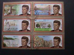 SHARJAH 1972 JOHN F. KENNEDY AND WORLD FAMOUS VIEWS, FANCY CANCEL-CTO BLOCK VF