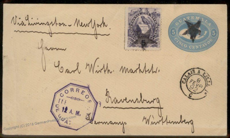 Guatemala 1892 Calias Ravensburg Wuerttemberg Cover 92788