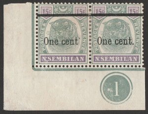 MALAYA - Negri Sembilan 1898 Tiger 1c/15c pair Plate No 1, variety raised stop.