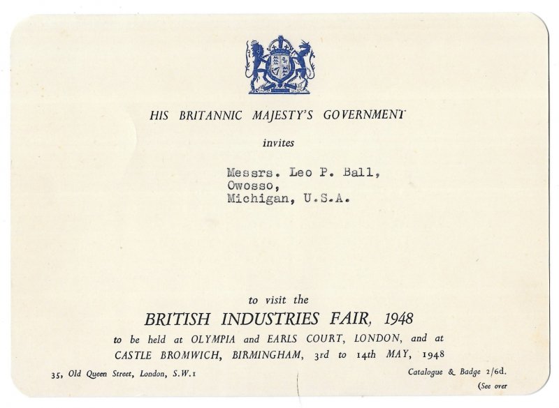 His Britannic Majesty's Government British Industries Fair 1948 Invite, ...