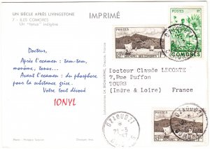 COMORES cover postmarked Dzaoudzi,  21 March 1957 - postcard to France