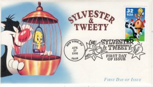 AO-3204–3, 1998, Sylvester & Tweety, First Day Cover, Add-on Cachet, Looney Tune