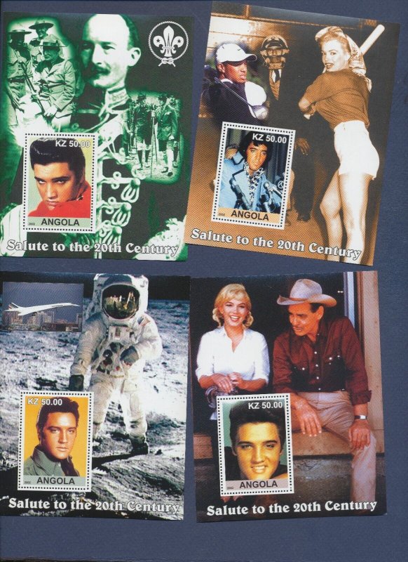 ANGOLA - 6 MNH S/S - Salute to the Century - 2 PIX - Elvis, scouts, baseball --a