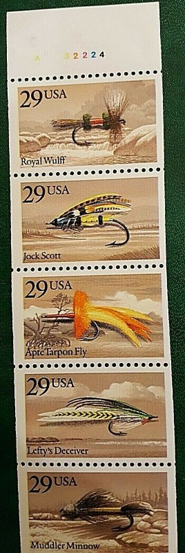 US SCOTT  2549a Fishing Flies P# 32224 Booklet Pane of 5 MNH