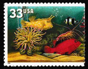 US 3317 Aquarium Fish Longhorn Cowfish Flame Hawkfish 33c single MNH 1999