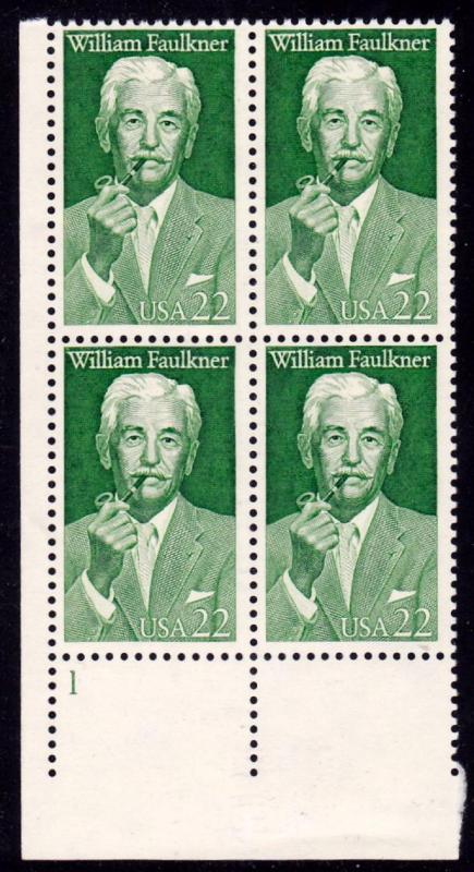 Scott 2350 Plate Block William Faulkner 22 Cent 1 LL MNH