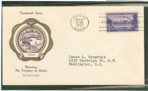 US 800 1937 3c Alaska (US Possessions series) single on an addressed first day cover with a Rice cachet.