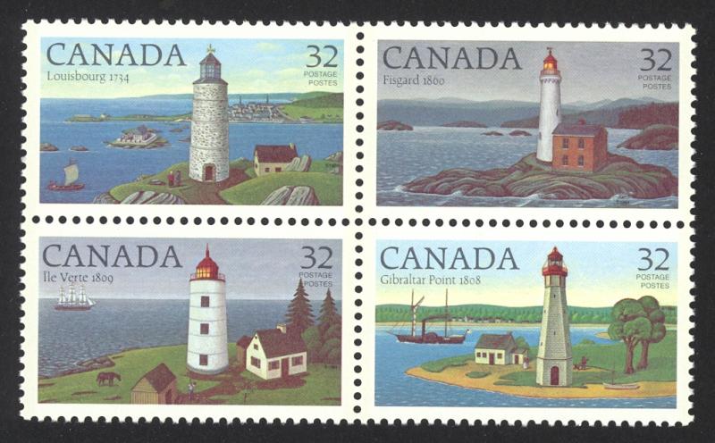 Canada Sc# 1035a MNH Block/4 (incl. scratch in sky variety) 1984 32c Lighthouses