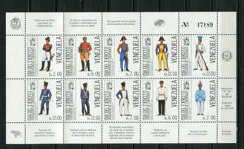 Venezuela 1988 Souvenir Sheet Sc 1417  CV $15 MNH Military Uniforms  5407