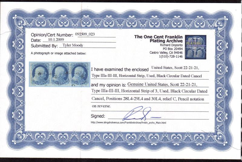 $US SC#22,21,21 used, fine-VF, Rare strip of 3 with cert, CV. $4750