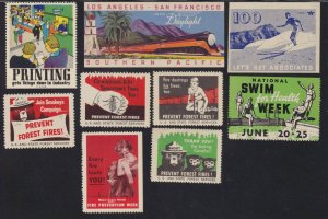 US Vintage Mixed lot 9 Cinderella Stamps Prevent Fire, RR, Printing, Swim L422