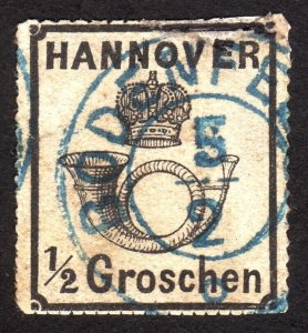 1864, Germany Hanover 1/2Gr, Used, Sc 26, Mi22x, Upper right restored