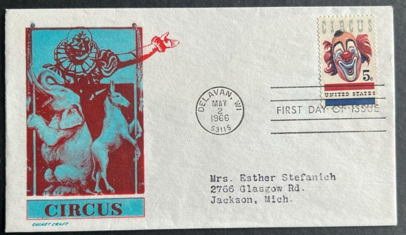 CIRCUS # 1309 MAY 2 1966 DELAVAN WI FIRST DAY COVER (FDC) BX3-2