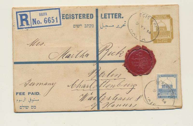 PALESTINE 1934 REGISTERED 13m ENVELOPE (HG#C5) HAIFA-BERLIN+ WAX SEAL, SCARCE