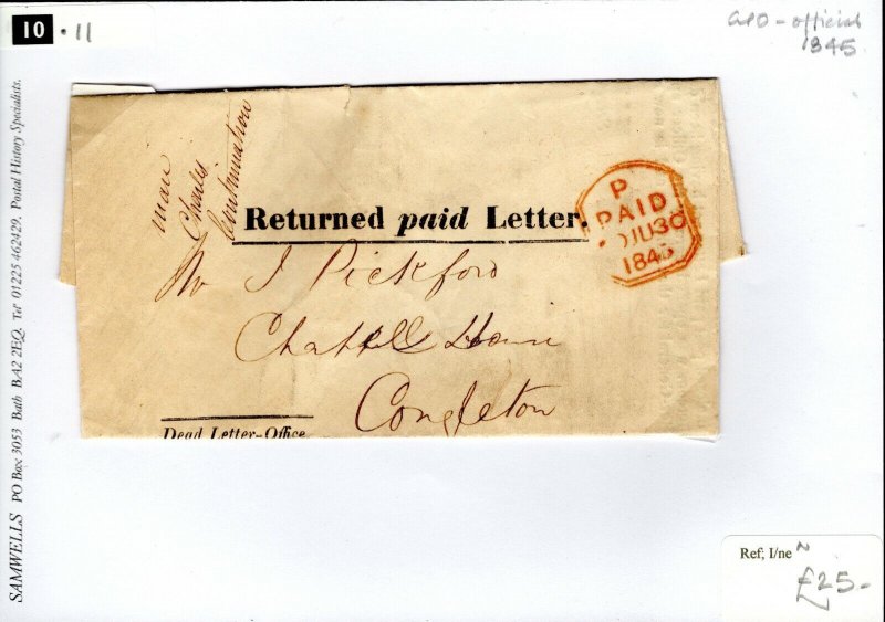 GB Cover GPO Official *Returned Paid Letter*Congleton 1845{samwells-covers}10.11