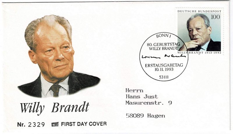 Germany 1994, Willy Brandt, German chancelor, coin cover