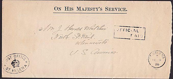 ST HELENA 1926 OHMS cover OFFICIAL PAID to USA..............................7445