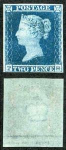 1841 2d Blue (TH) Plate 4 Re-entry State 2 Mint (re-gummed) Four Margins