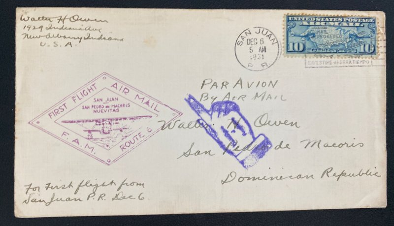 1931 San Juan Puerto Rico First Flight Airmail cover FFC to Dominican Republic