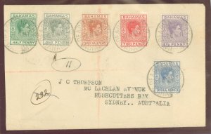 Bahamas 100/105 1947 7 values tied to registered cover to Australia, by Dead Mans Cays date stamp, sent via Miami and NY.