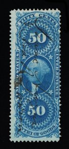 EXCELLENT GENUINE SCOTT R55d FINE 1862-71 BLUE 1ST ISSUE REVENUE ON SILK PAPER